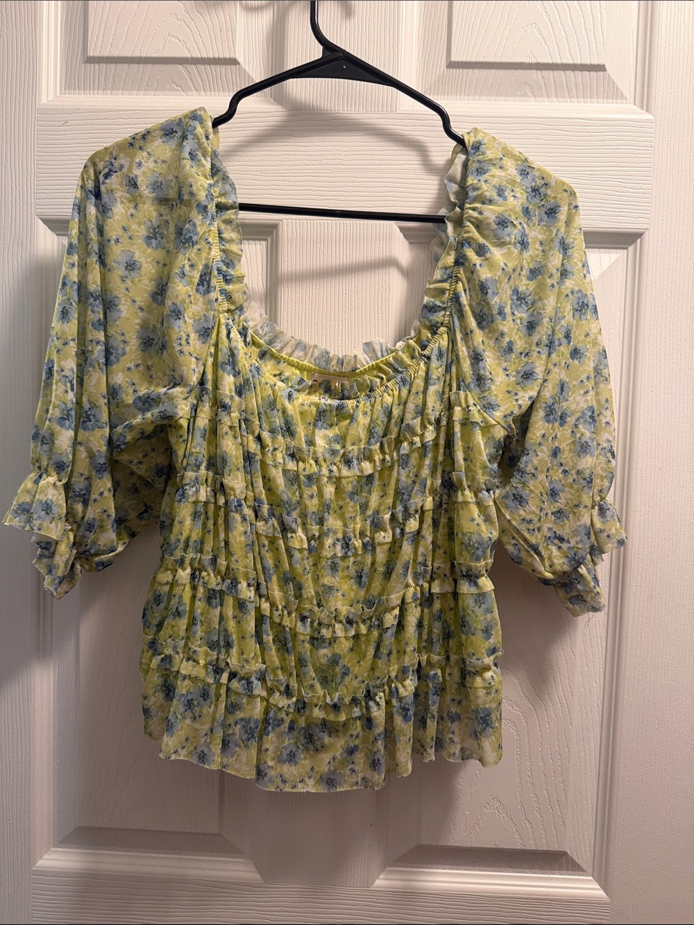 SO Yellow Floral Ruffle Smocked Blouse with Blue Print